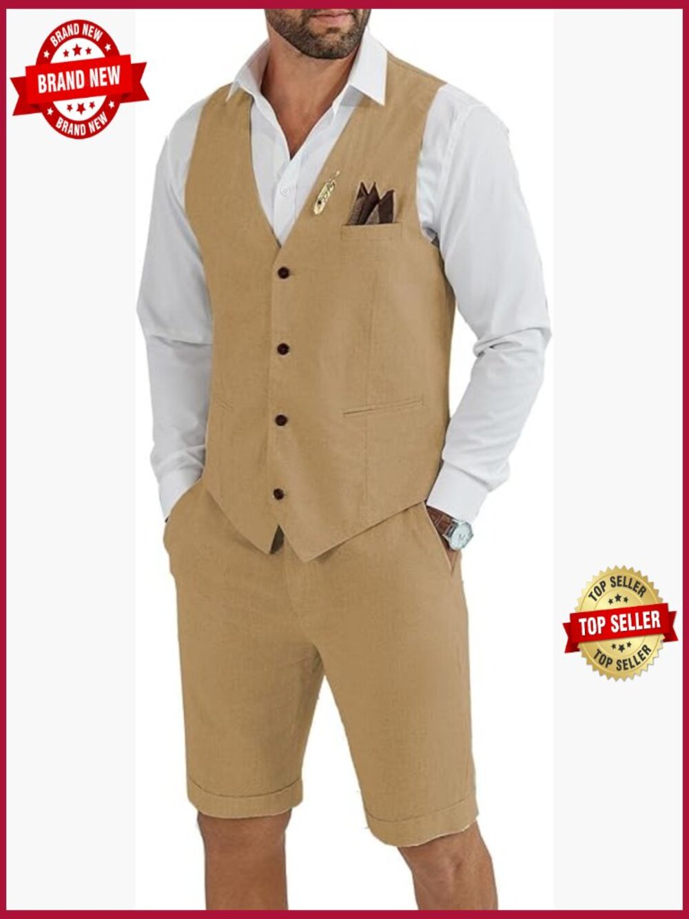 Men's Linen 2 Piece Suit Slim Fit Wedding Groomsmen Vest Short Set
